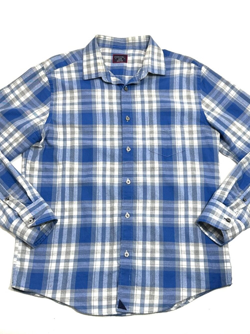 UNTUCKit Mens Large Slim Fit Blue Gray Plaid Button Front Shirt Cotton Casual - Picture 1 of 16